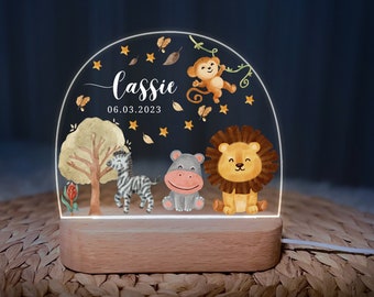 Drewniane zwierzęta Spersonalizowana lampka nocna dla niemowląt i dzieci jako prezent urodzinowy | Dostosowana lampka nocna dla dzieci Urodzinowa lampka nocna dla dziecka