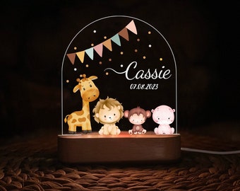 Veilleuse avec prénom personnalisé pour bébé animaux de safari | Cadeau personnalisé pour bébé | veilleuse bébé | lampe de chevet | Cadeau pour le baptême