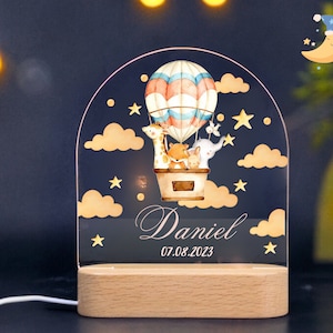 Name Night Light Personalized | Personalized Gift for Baby Night Light | Giraffe and Elephant in Air Balloon Bedroom Bedside Light