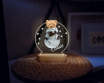 Wooden Personalized Baby Name Nightlight as Birthday Gift | Customized Nightlight for Kids Birthday baby night light Bear on Moon Light