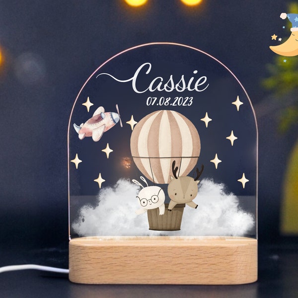 Personalized Nightlight for Baby Rabbit and Deer Air Balloon | Personalized Gift for Baby | baby night light | bedroom bedside light