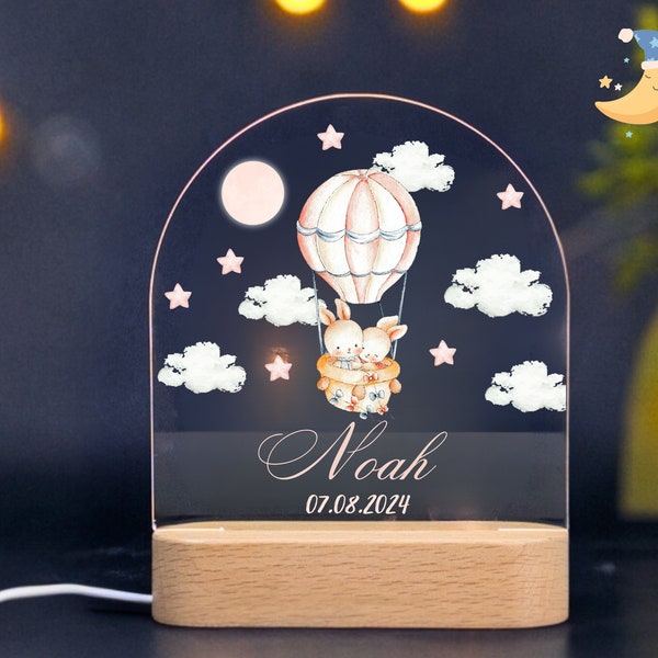 Personalisiertes Name Nachtlicht mit Kaninchen im Heißluftballon | Personalisiertes Geschenk für Baby | Baby Nachtlicht |Mädchen Jungen Schlafzimmer Nachttischlicht
