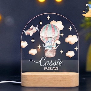 Baby name night light with in Elephant and Giraffe Air Balloon | Personalized Gift for Baby | baby night light | bedroom bedside light