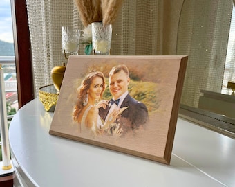 Aangepaste foto op hout, gegraveerde foto op hout met aquarelstijl, aangepaste muurkunst, gepersonaliseerd portret van foto als geschenk voor lange afstanden