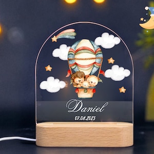 Personalized Nightlight for Baby Lion and Cute Safari Air Balloon | Personalized Gift for Baby | baby night light | bedroom bedside light