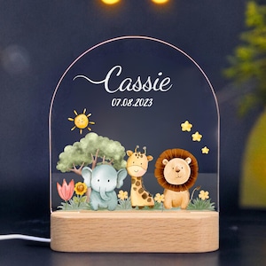 Personalized Jungle Safari Night Light - Personalized LED Lamp with Elephant, Giraffe & Lion - Baby Nursery Decor, Perfect Gift