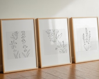 Set of 3 Lavender Line Art Prints | Botanical Minimalist Poster | Digital Download