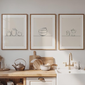 キッチンウォールアートセット | プリント3点セット | ミニマルな線画 | すぐにダウンロード