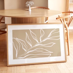 Neutral Botanical Line Art | Minimal Leaf Print in Beige Tones | Digital Plant Poster | Modern Scandinavian Wall Decor