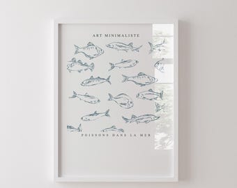 Abstracte vissenprint, minimalistische blauwe visposter (digitale download)
