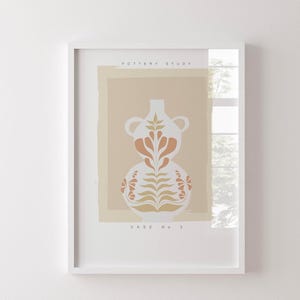 Arte de pared con jarrón de terracota bohemio, impresión de cerámica moderna de mediados de siglo, decoración botánica neutra, póster imprimible escandinavo