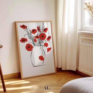 Arte imprimible de amapolas en jarrón / Póster minimalista de flores rojas / Arte floral lineal dibujado a mano / Decoración de pared instantánea para descargar