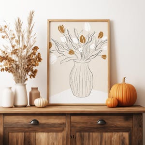 Arte mural de tulipanes otoñales / Póster bohemio neutro / Impresión de jarrón minimalista / Descarga digital botánica