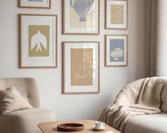 Neutral Gallery Wall Set | Minimal Art Prints Set Of 6 | Blue Beige Posters