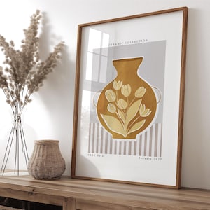 Jarrón mostaza con tulipanes / Póster de cerámica de inspiración vintage / Impresión de maceta abstracta / Descarga instantánea de arte mural