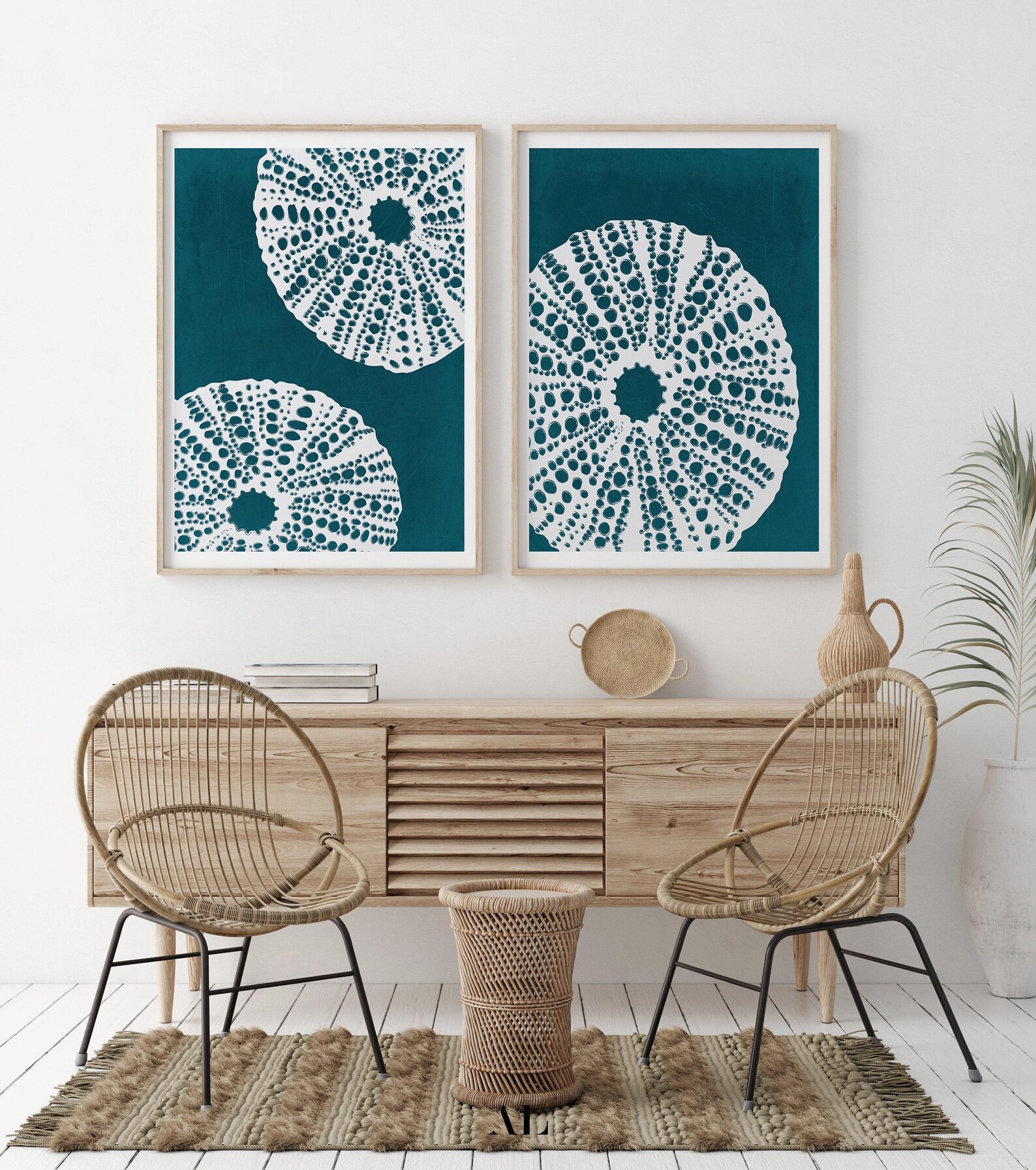 Set of 2 Sea Urchin Prints | Teal Blue Coastal Wall Art | Ocean ...