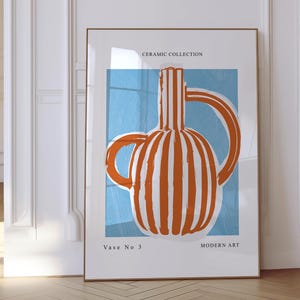 Modern Striped Vase Print, Orange and Blue Pottery Poster, Contemporary Ceramic Poster, Colorful Pot Illustration, Printable Home Decor
