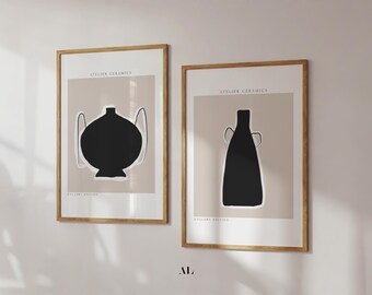 Vase Print Set | Minimalist Ceramic Vase Wall Art | Neutral Beige Black Gallery Decor