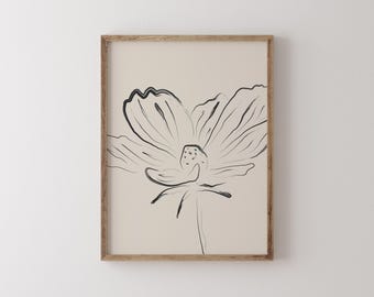 Flower Line Drawing Printable | Beige Botanical Wall Art | Modern Minimal Decor | Digital Download