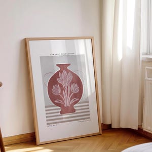 Mauve Vase with Tulips Print, Dusty Pink Pottery Wall Art, Vintage Style Vase Poster, Minimal Tulip Illustration, Digital Home Print
