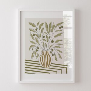 Arte mural de ramas de olivo en jarrón, póster de planta de olivo, impresión de ramas de olivo