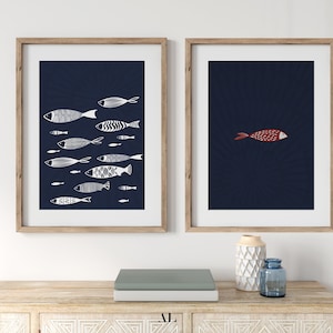 Set of 2 Fish Art Prints, Modern Fish Prints Set of 2, Abstract Fish Wall Art, Modern Fish Poster