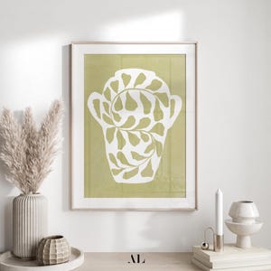 Arte de pared imprimible con jarrón verde pastel y planta, póster con dibujo de jarrón abstracto, impresión de planta moderna verde en jarrón