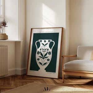 Floral Ceramic Vase Art Print, Green and White Pottery Wall Art, Elegant Floral Vase Poster, Dark Green Wall Decor, Digital Download
