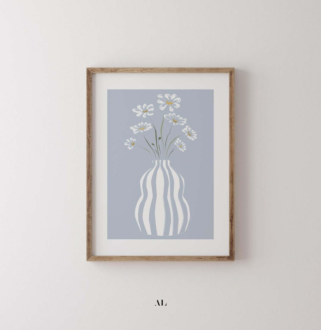 Printable Daisy Artwork | Modern Floral Print | Blue Vase Wall Decor ...
