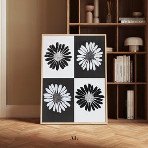 Black and White Modern Daisies Printable Wall Art, Abstract Daisies Digital Print, Boho Daisies Art Print
