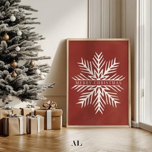 Modern SnowFlake Poster, Merry Christmas Printable Wall Art, Christmas Decoration, Red White Snowflake Print