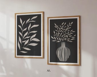 Black And White Botanical Prints | Minimalist Vase And Leaves Set | Modern Wall Art