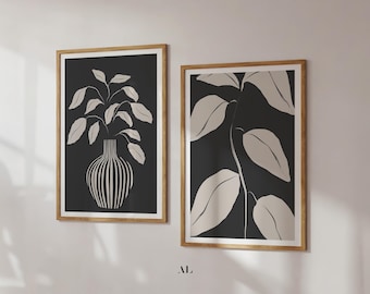 Botanical Print Set | Black and White Vase & Leaves (Digital Download)