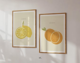 Lemon and Orange Print Set | Minimalist Kitchen Art | Digital Download