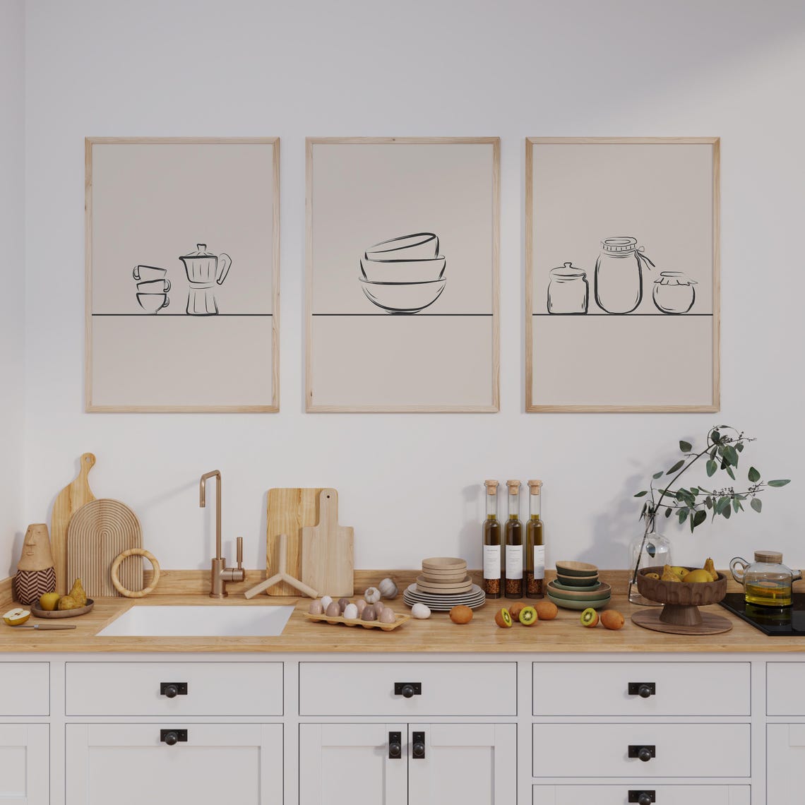 kitchen wall art set of 3 printables kitchen print set... Kitchen Wall Art Set | Set of 3 Prints | Minimal Line Drawings ...