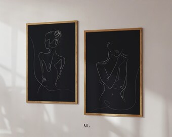 Female Figure Line Art Prints, Minimalist Black and White Contour (Digital Download Set 2 )