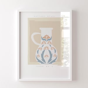 Arte de pared con jarrón de terracota bohemio, impresión de cerámica moderna de mediados de siglo, ilustración de cerámica bohemia chic, paleta de colores terrosos, decoración neutra para el hogar