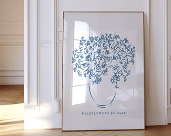 Blue Wildflower Vase Art Print | Cottagecore Botanical (Digital Download)