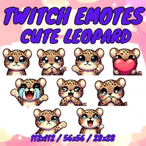 May include: A collection of cute leopard-themed Twitch emotes. Each emote features a cartoon leopard with different expressions, including crying, blushing, and holding a heart. The text "TWITCH EMOTES CUTE LEOPARD" is at the top, with size options below.