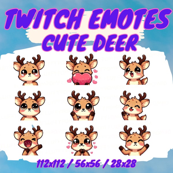 9 CUTE DEER emotes for Twitch/Discord/YouTube, Kawaii Cute Animal gamer deer, gaming emotes - Twitch, Discord, YouTube for stream