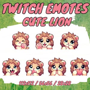 7 CUTE LION emotes for Twitch/Discord/YouTube/Kick, Kawaii Cute Animal gamer lion cat, gaming emotes - Twitch, Discord, YouTube for stream