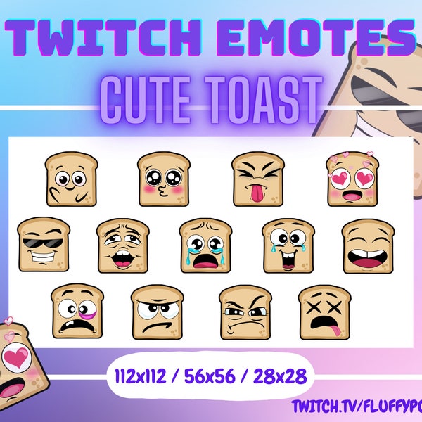 13 süße Brot Toast mit Caroon Gesichter Emotes für Twitch, Discord, YouTube für Stream, Pack mit allen Größen, sofort einsatzbereit, sofort download