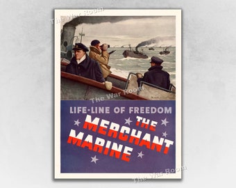 Life Line of Freedom! Merchant Marine Maritime Service 1942 Vintage WW2 Era Poster