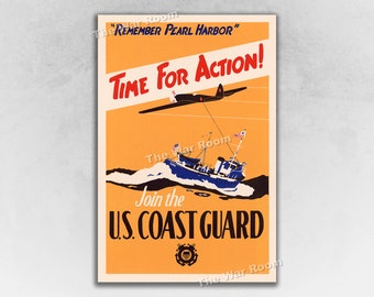 Join the US Coast Guard - Time For Action - WW2 Coast Guard Recruiting Poster