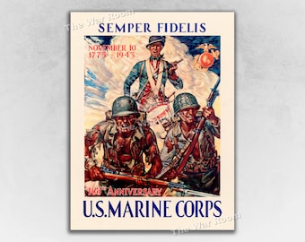 Pode incluir: Um cartaz vintage para o Corpo de Fuzileiros Navais dos Estados Unidos, com três soldados em uniforme. O cartaz é intitulado "SEMPER FIDELIS" e inclui o texto "NOVEMBER 10, 1775-1943" e "168th ANNIVERSARY".