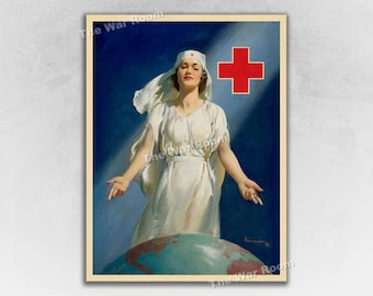 1940s Nurse over Globe - Vintage WW2 Medical Nursing Poster