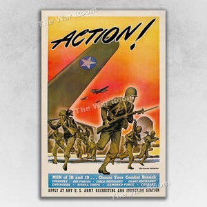 1943 Action! Join the Army! - Vintage Style WW2 Era Army Recruiting Poster