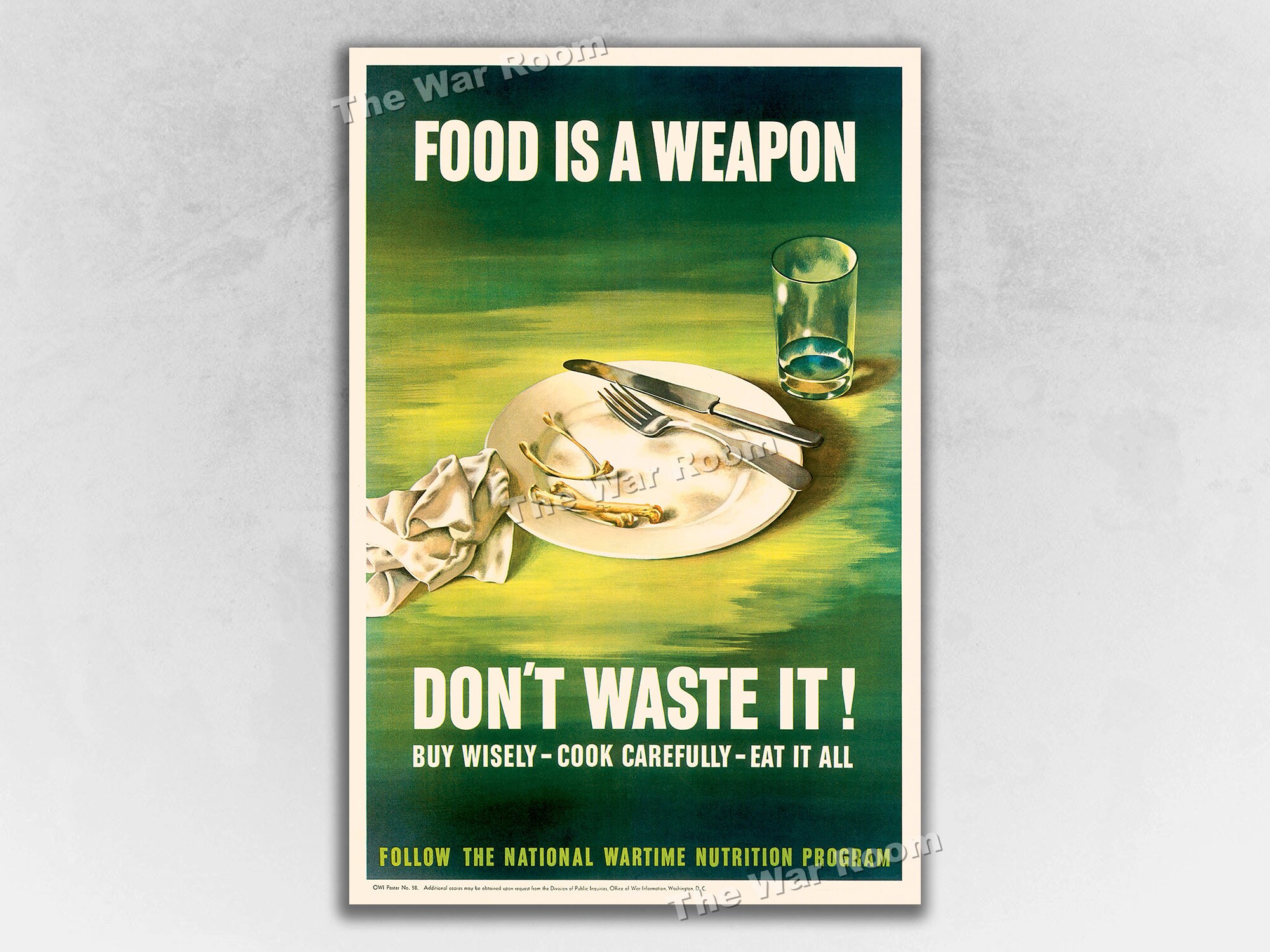 1943 "Food Is A Weapon - Don't Waste It!" Vintage WW2 Homefront Rationing Poster
