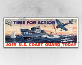 Time For Action  - Join the US Coast Guard Today! - WW2 Era Recruiting Poster