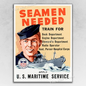 Seamen Needed! US Maritime Service 1942 Vintage WW2 Era Merchant Marine Poster